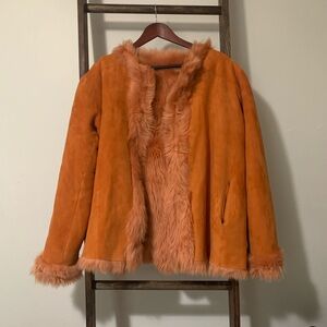 Free People Afghan Fur Trim Suede Jacket in Orange.